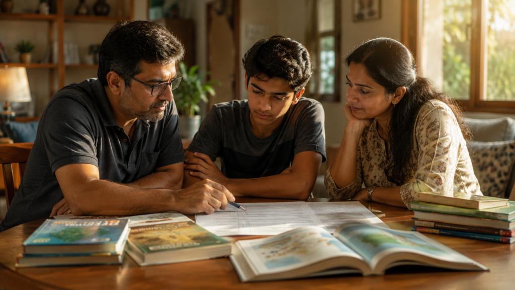 Indian parents and their Class 10 student discussing stream selection at home with mark sheet and school admission form on the table